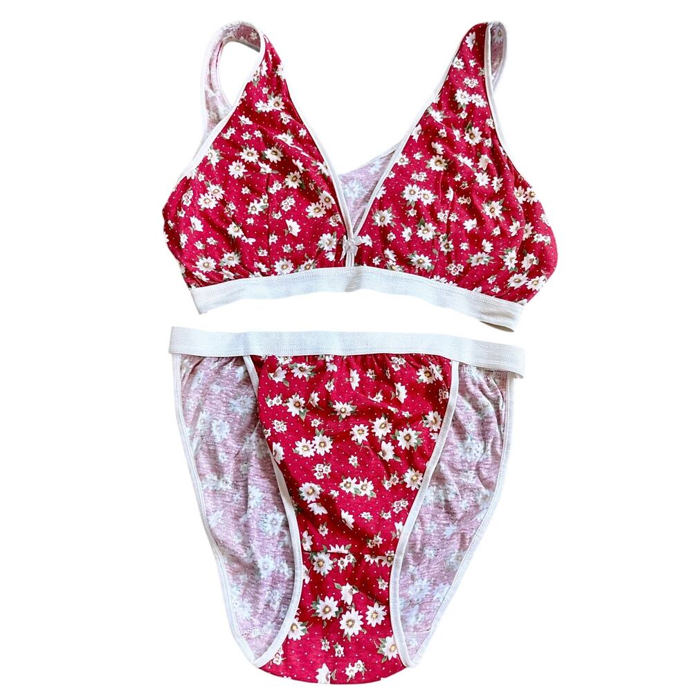 Vintage 90s Red Ditsy Floral Cotton Bra & Panty Set